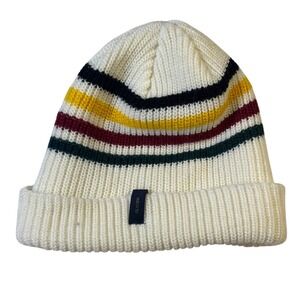 Glacier National Park Style Striped Ribbed Knit Cuffed Beanie Hat Cream Unisex